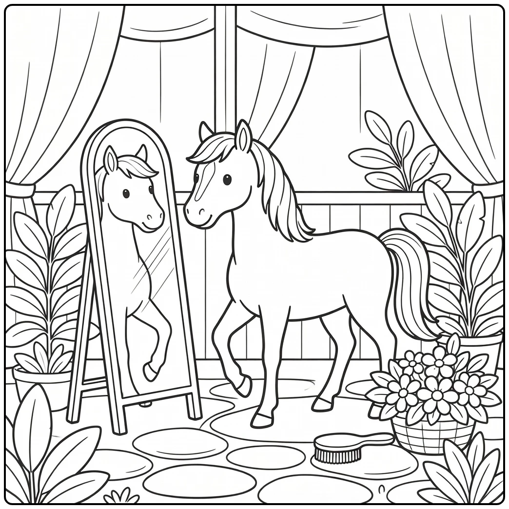 Horse coloring page for girls with graceful horse and mirror