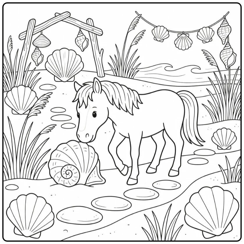 horse coloring page for girls exploring seaside shell garden