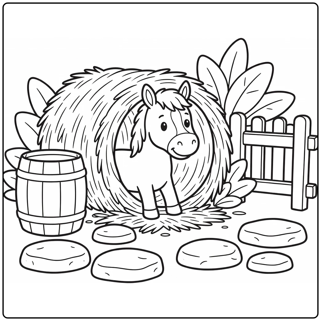 Horse coloring page for kids gentle horse hay tunnel farm scene
