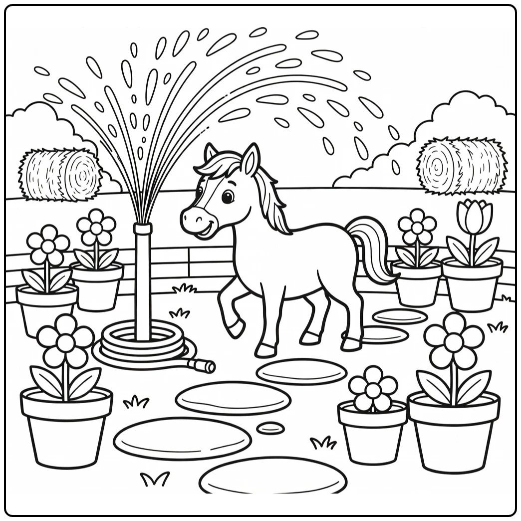 Horse coloring page for kids with playful farmyard sprinkler scene