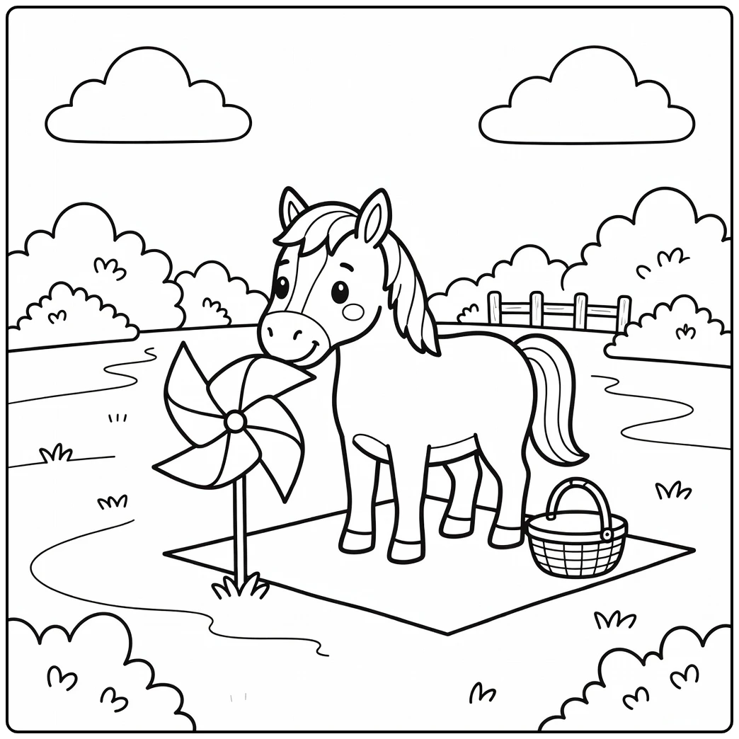 Horse Coloring Page for Kids with Pinwheel Picnic Scene