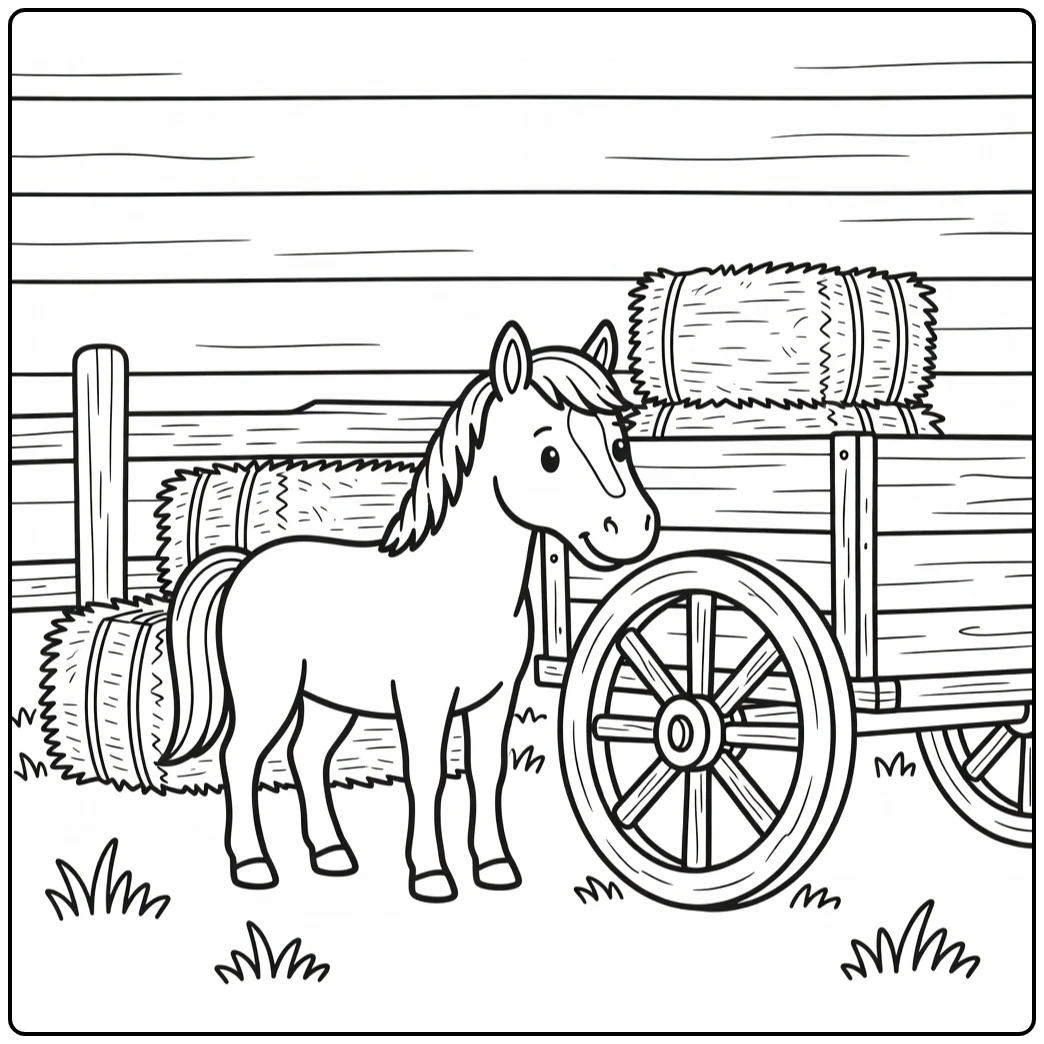 Horse coloring page of horse nudging wagon wheel on farm