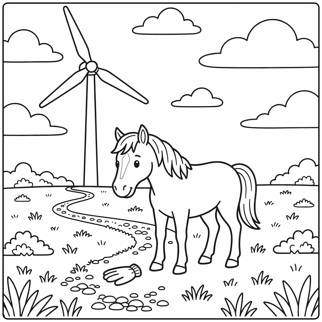 Horse coloring page with turbine and dropped glove
