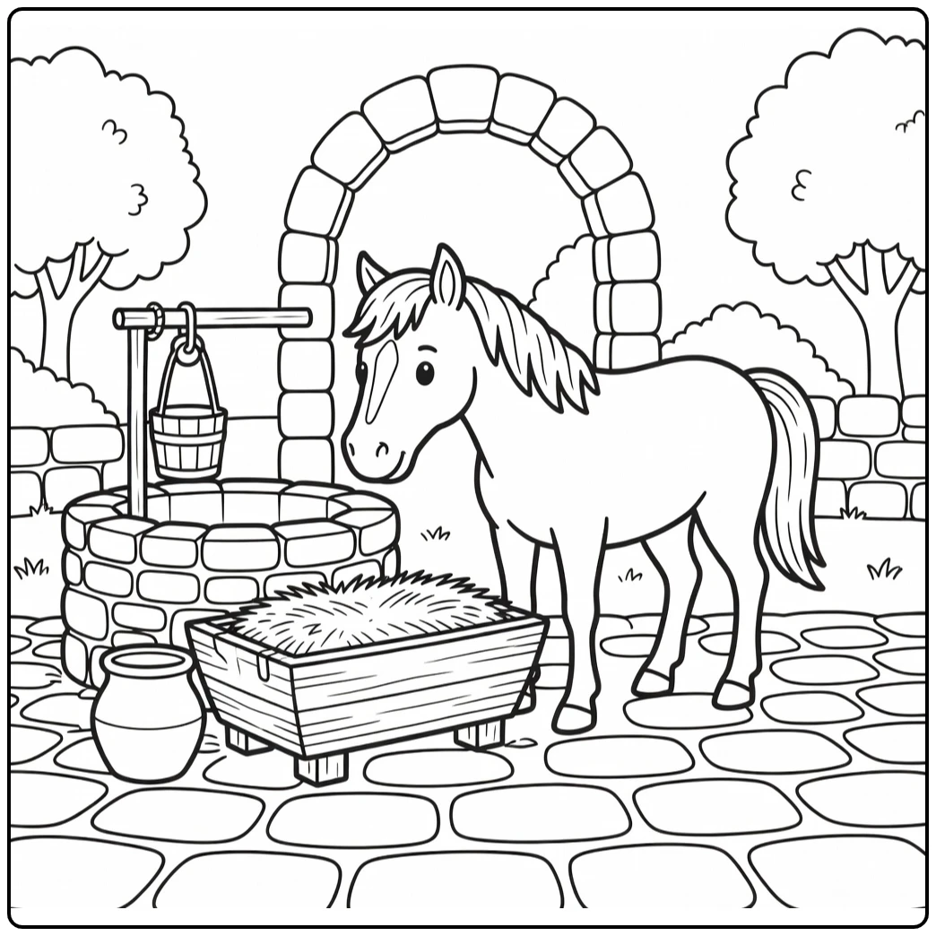 Horse coloring page of curious horse by village well
