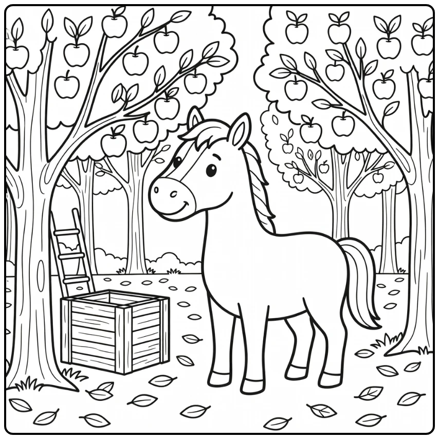 horse coloring page of horse reaching for apple in orchard