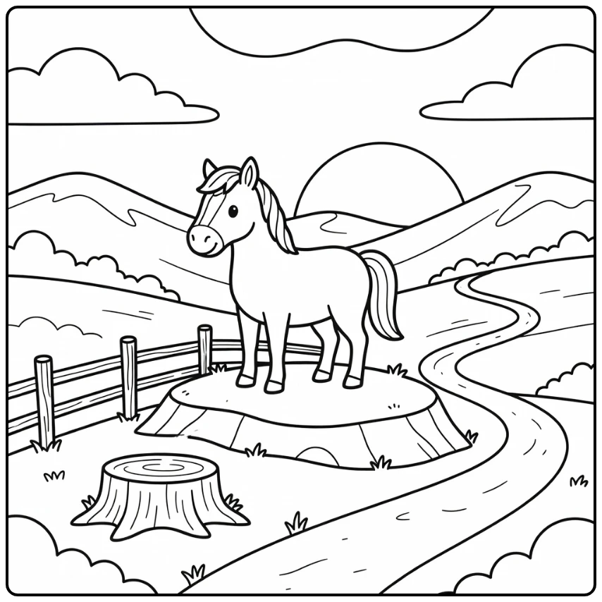 Charming horse coloring page above peaceful valley landscape