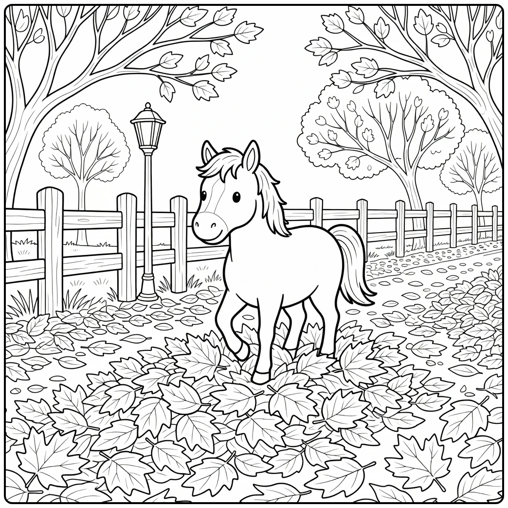 Horse coloring page cute horse in autumn leaves scene