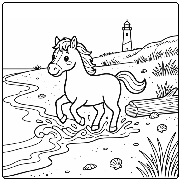 Horse coloring page with cantering horse on sandy beach