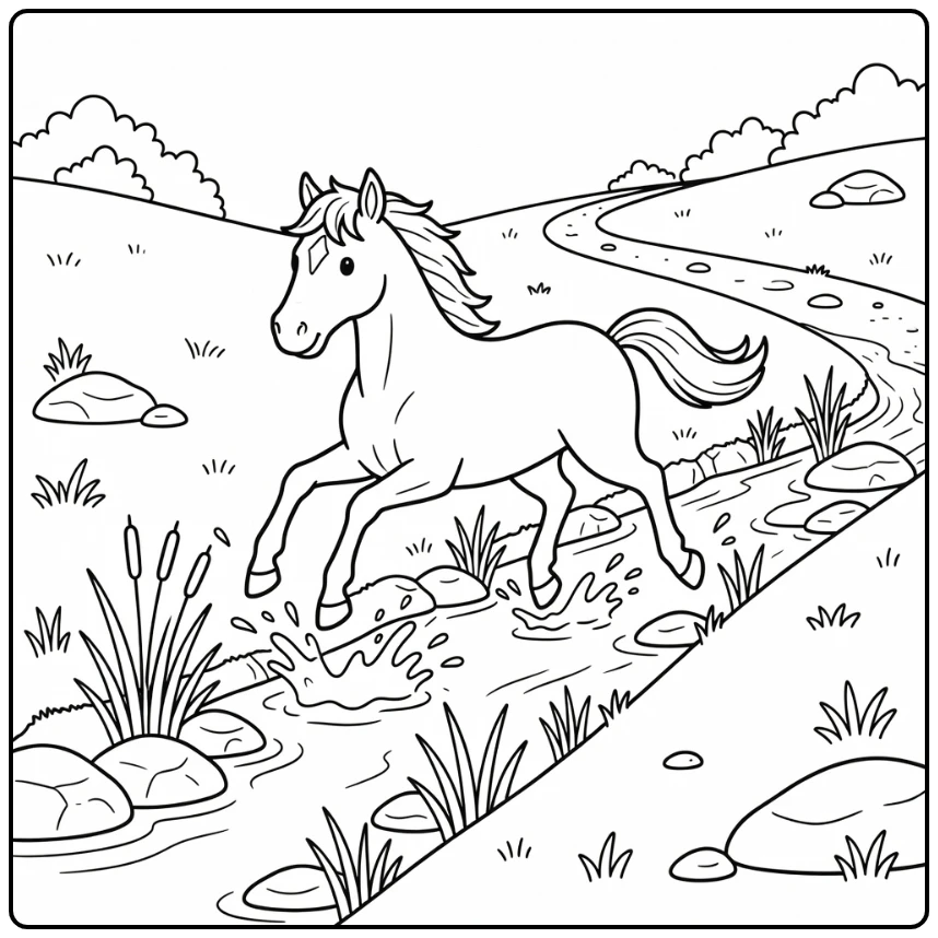 Adventurous horse coloring page leaping over creek