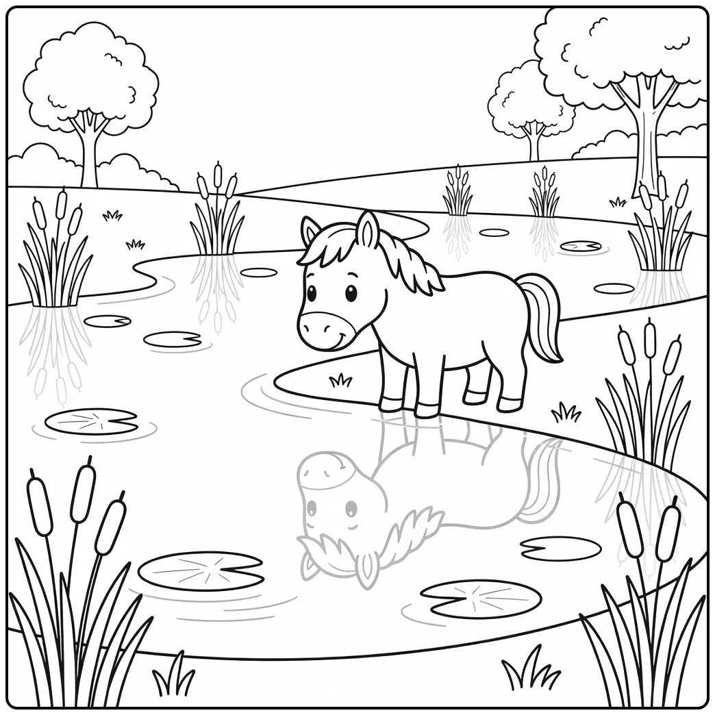 Horse coloring page with horse by pond and reflection