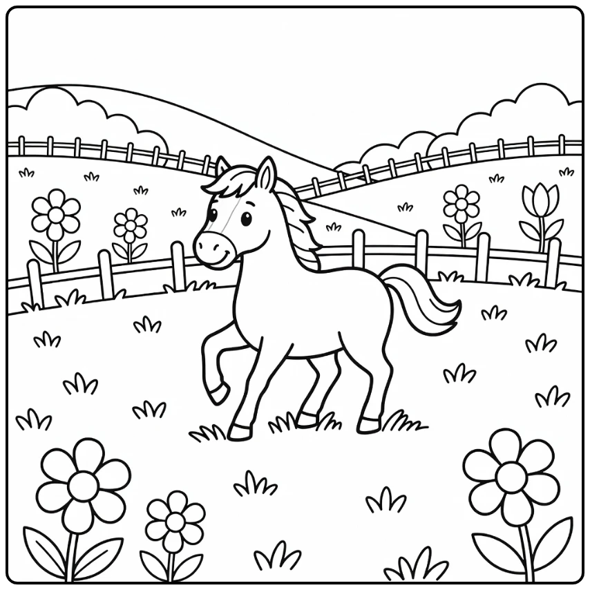 Horse coloring page with energetic trot in meadow