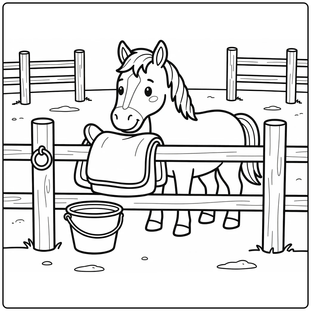 Cute horse coloring page with saddle blanket on corral rail