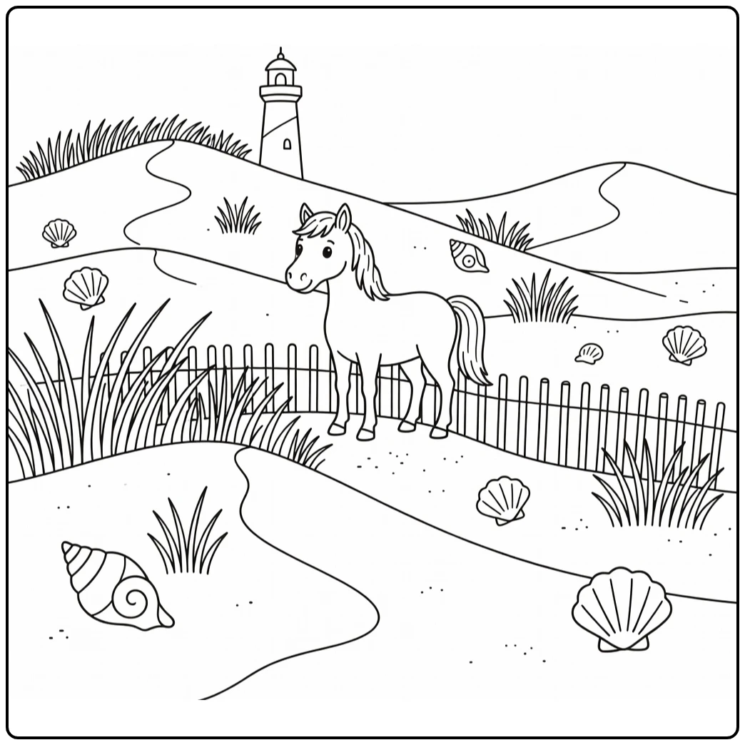 Adorable Horse Coloring Page on Coastal Dunes with Lighthouse