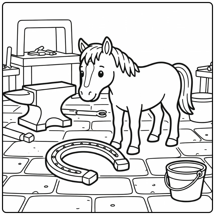 Horse coloring page of cute horse with horseshoe in yard
