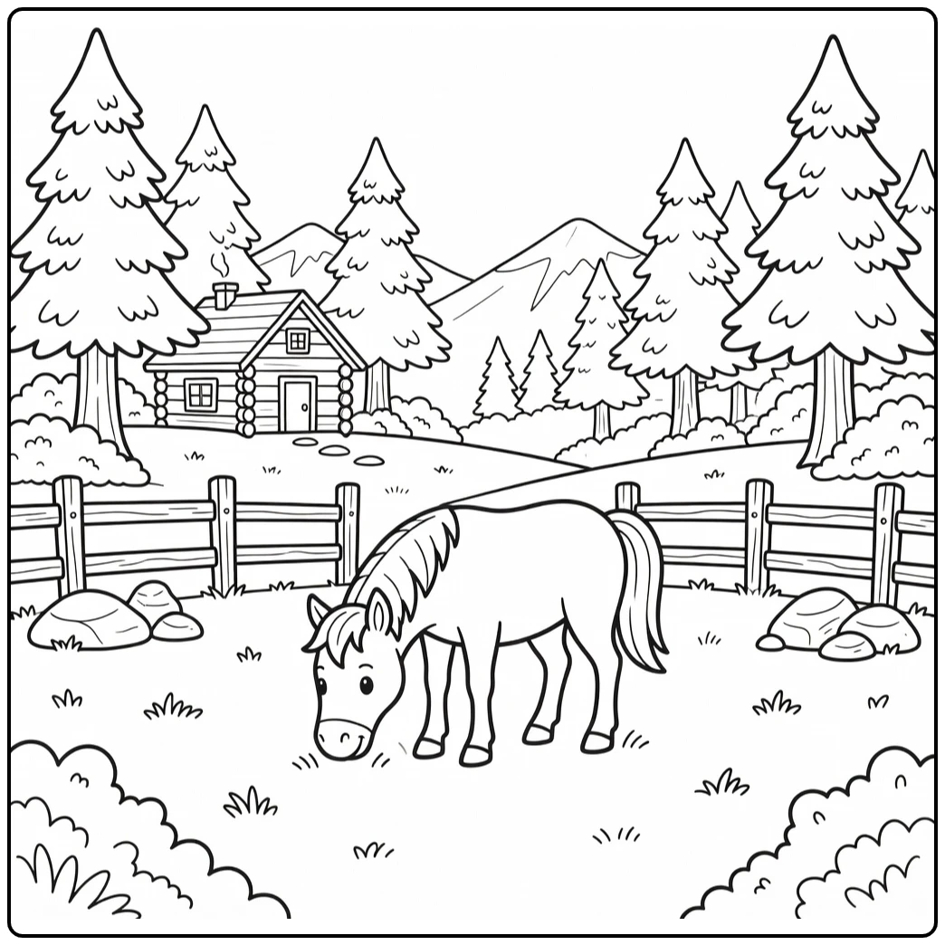horse coloring page of grazing horse in alpine meadow scene
