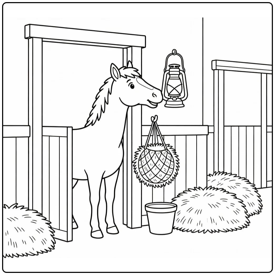 Horse coloring page of curious horse sniffing lantern in barn