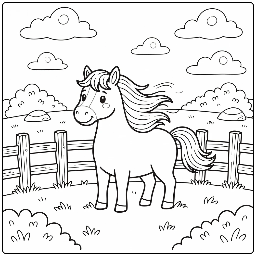 Horse coloring page of horse shaking mane beside fence