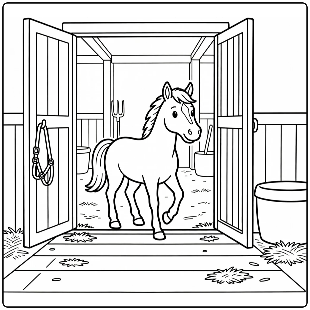 horse coloring page of horse at open stable gate