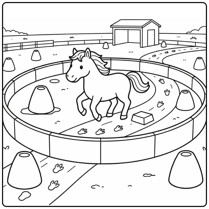 Horse farm coloring page with trotting horse in pen