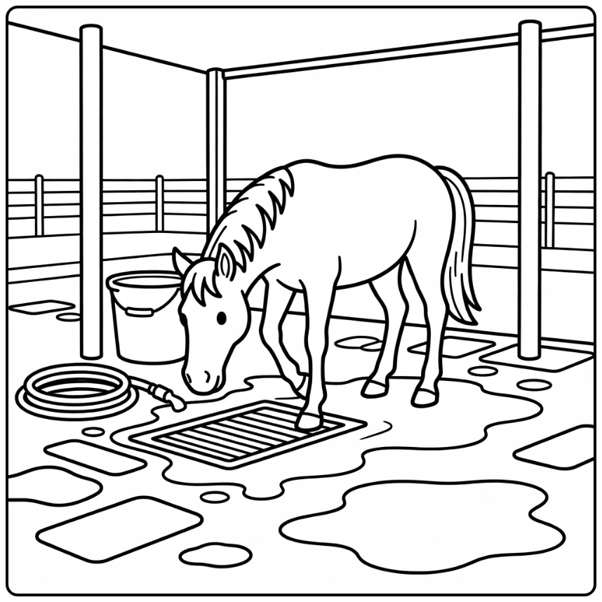 Horse farm coloring page showing calm horse in wash bay