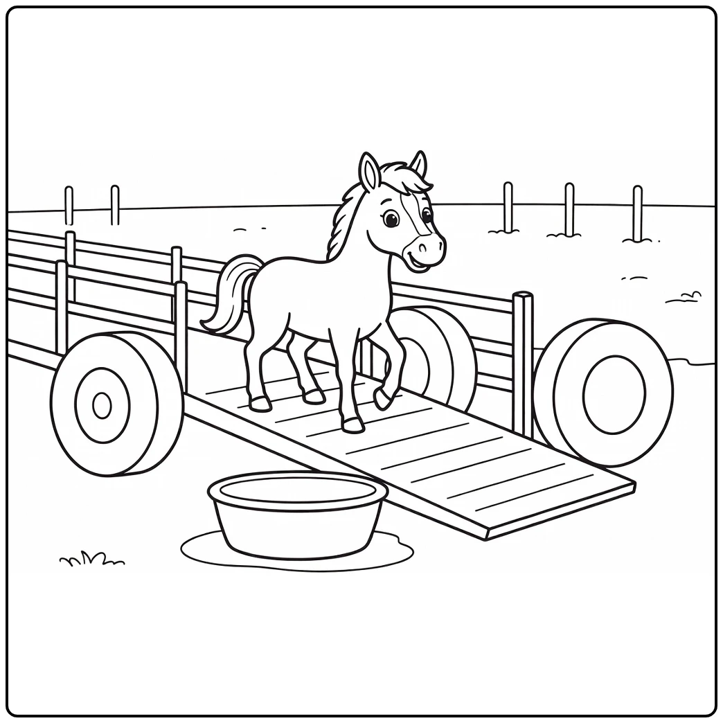Alert horse boarding trailer in horse farm coloring page