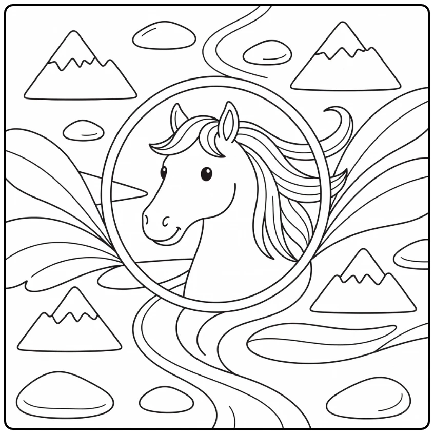 Cute horse head coloring page with sweeping mane and circle