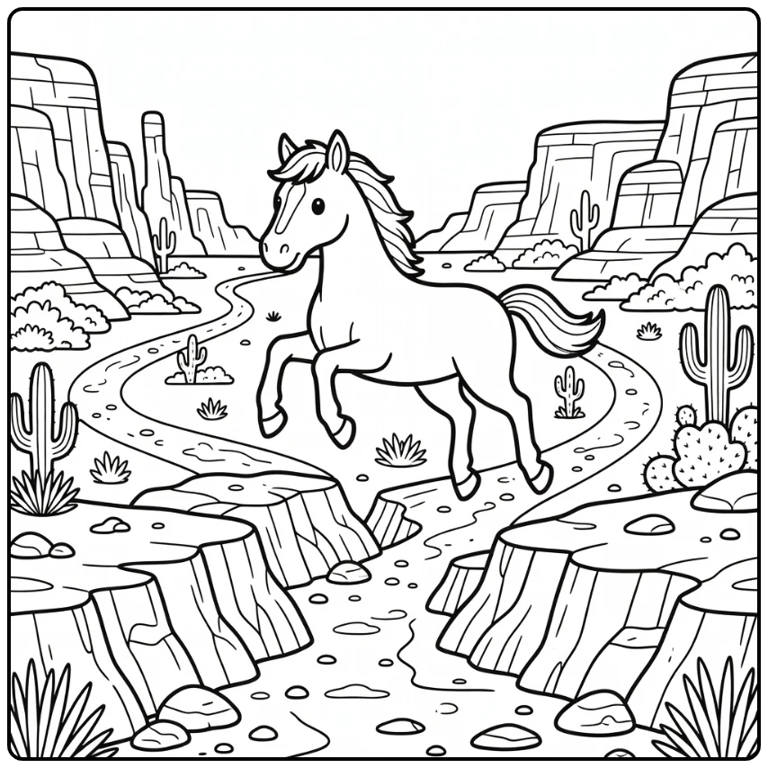 Horse jumping coloring page in rugged canyon leap