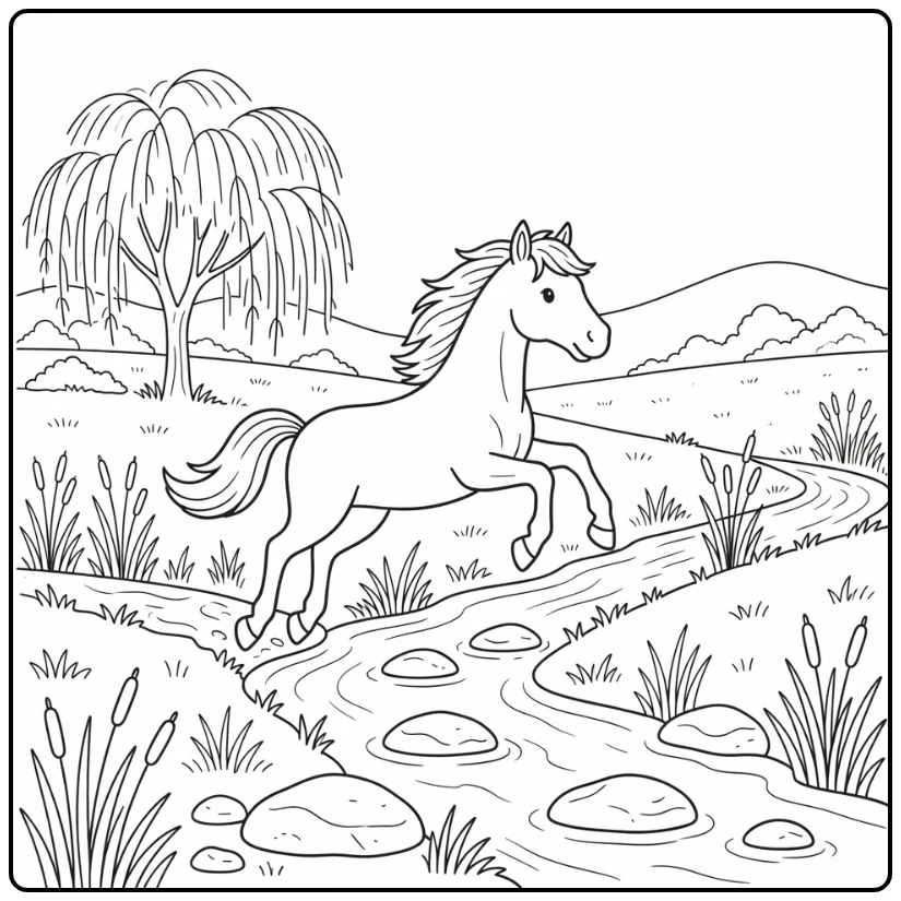 horse jumping coloring page over stream in field