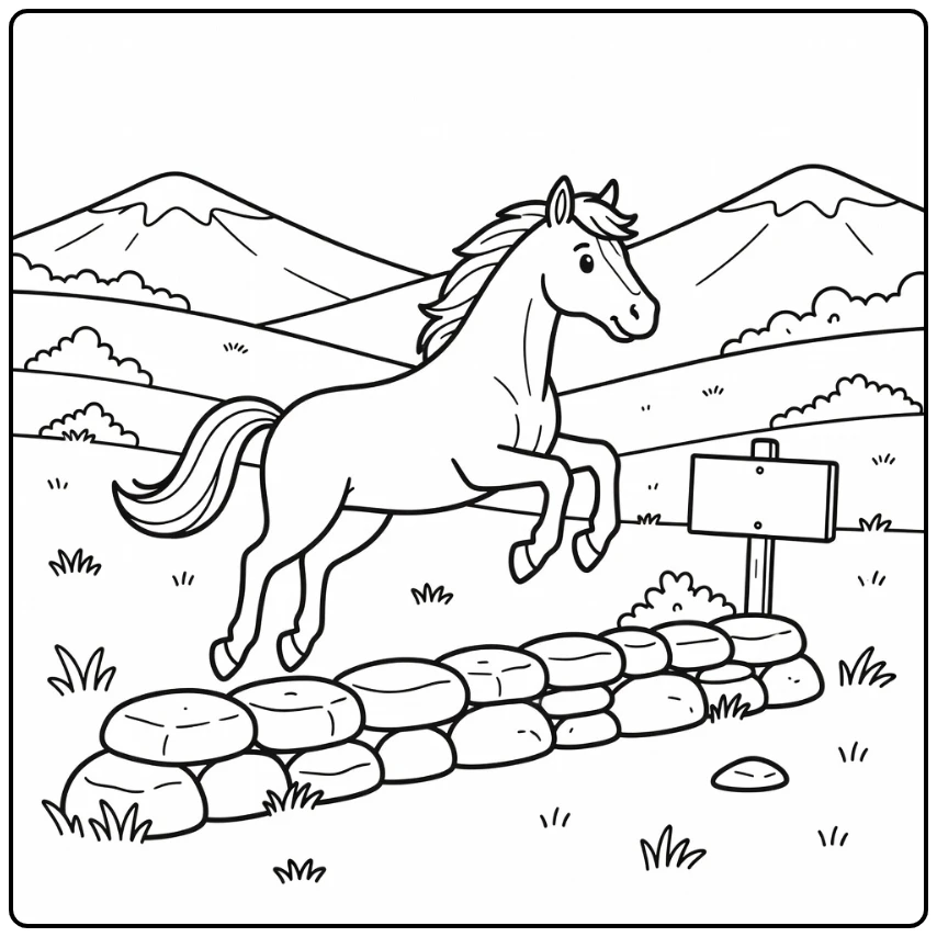 Horse jumping coloring page with stone wall in hills