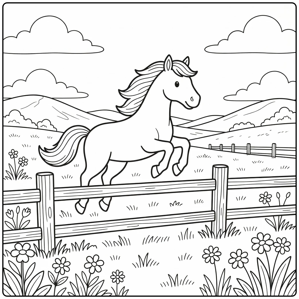 Horse jumping coloring page with flowing mane over fence