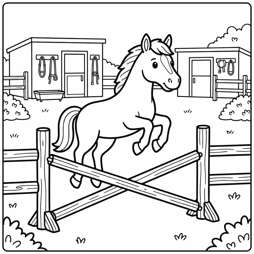 Horse jumping coloring page in cozy ranch setting