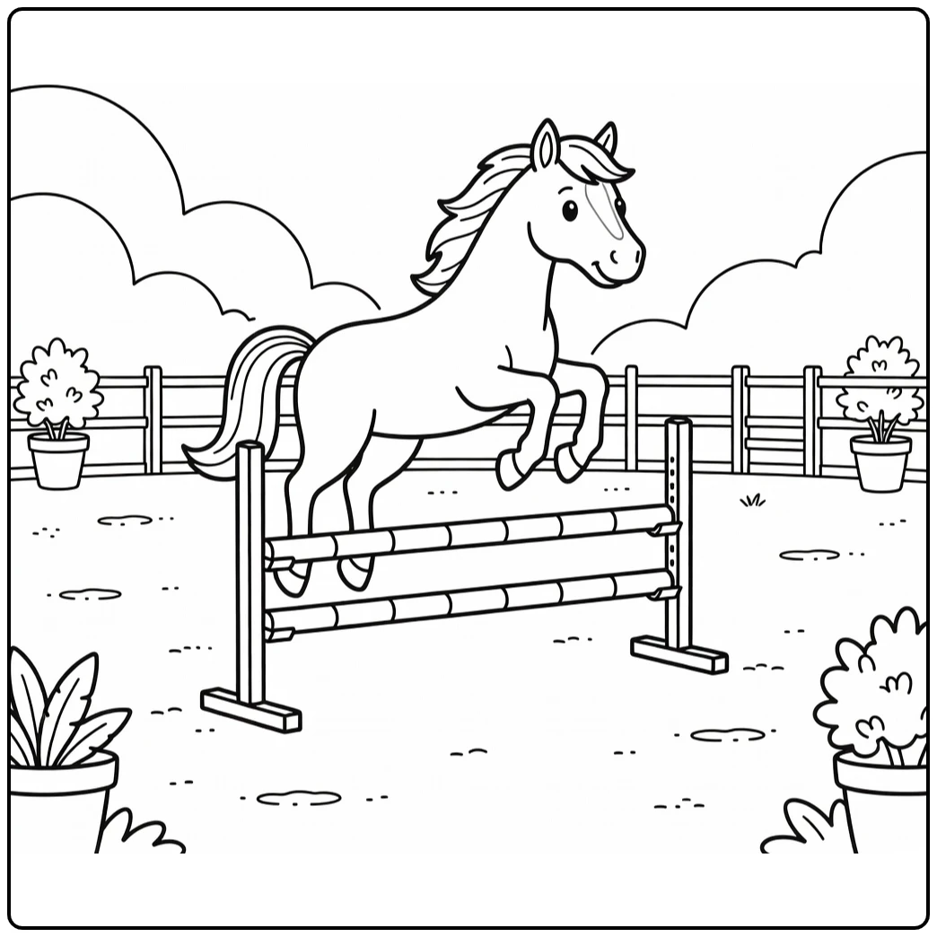Horse jumping coloring page with horse over rails