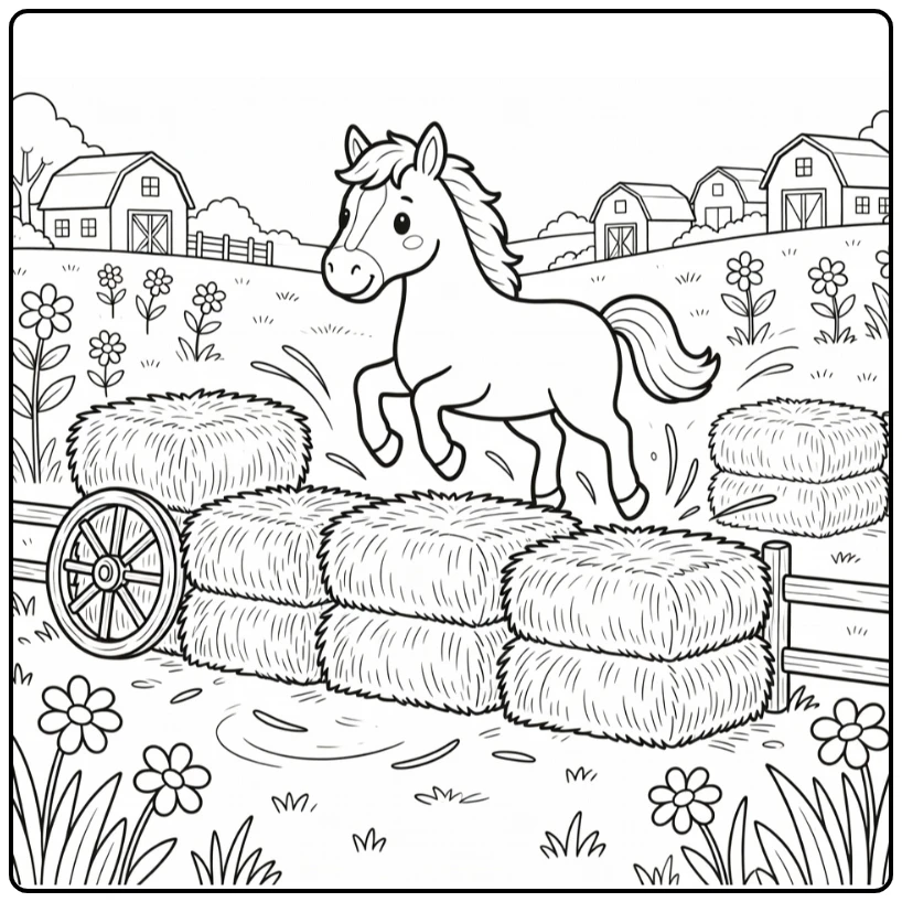 Adorable horse jumping coloring page over meadow hay bales