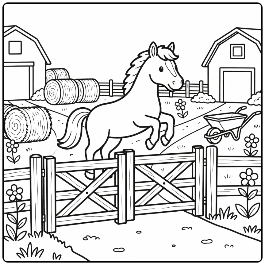 horse jumping coloring page over open farm gate