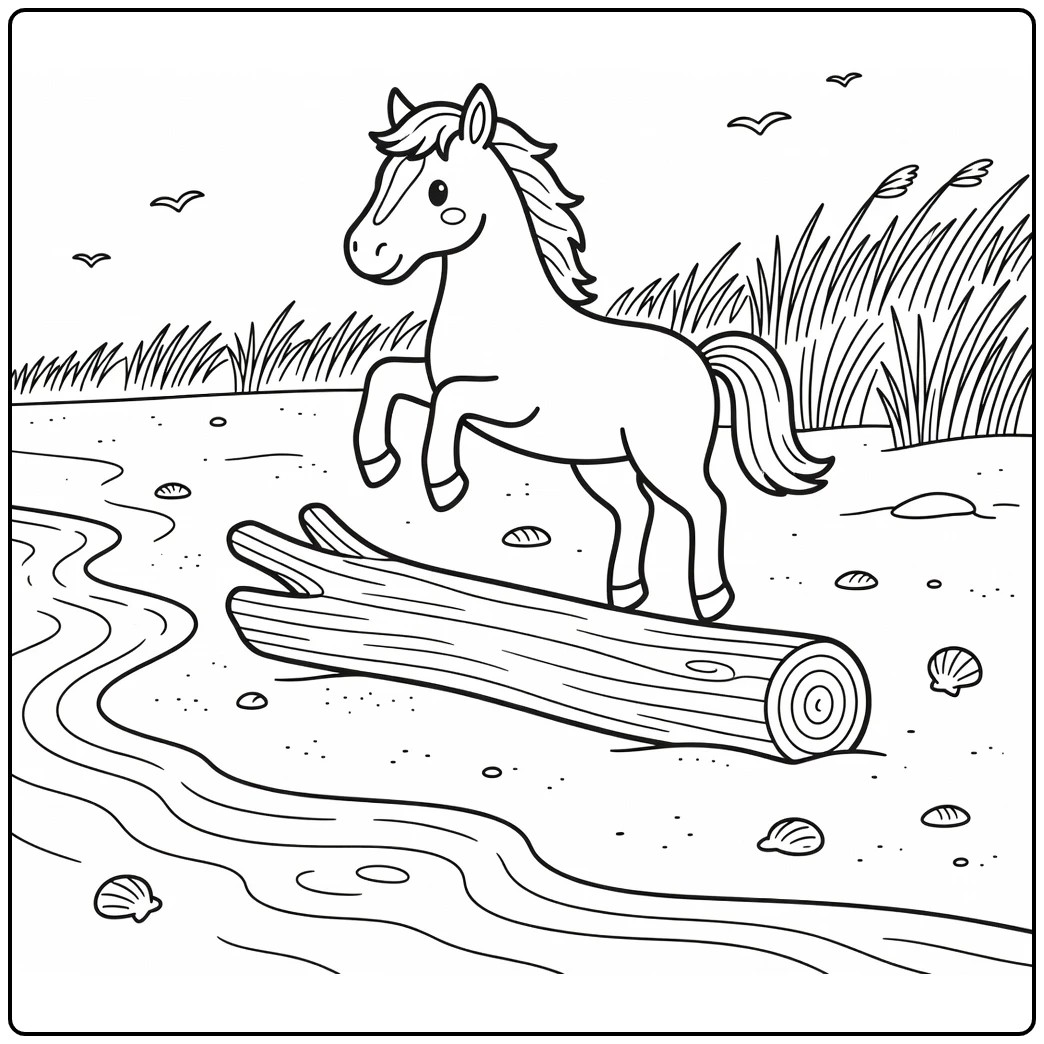 Horse jumping coloring page cute cartoon beach scene