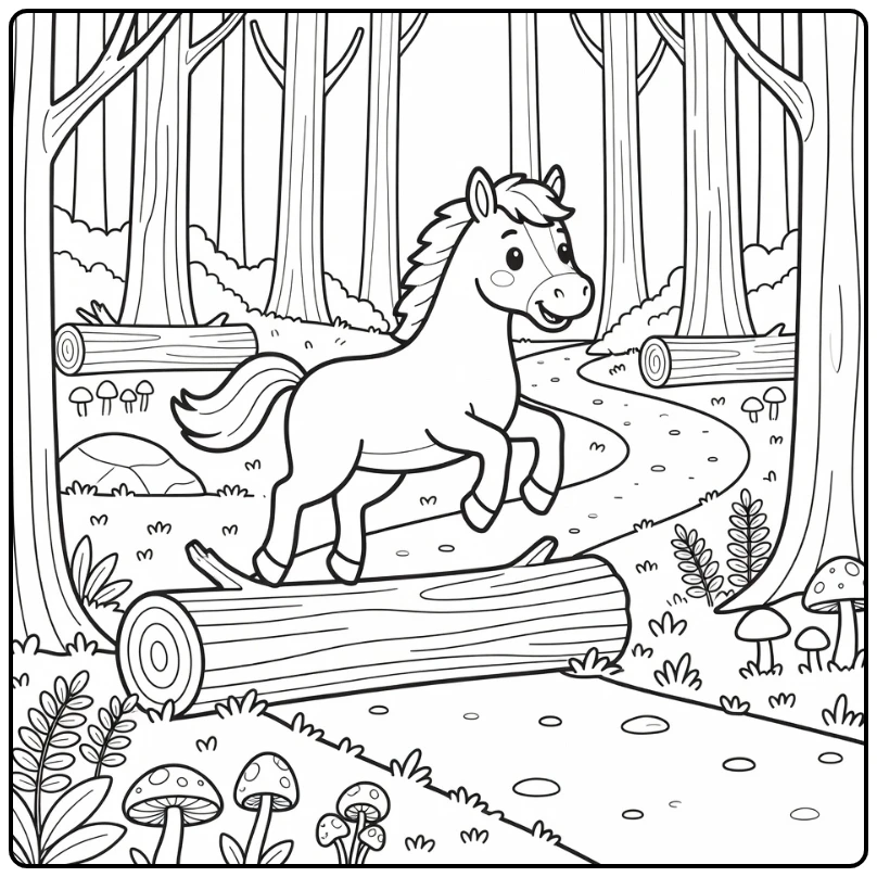 Cute horse jumping coloring page over log in woods