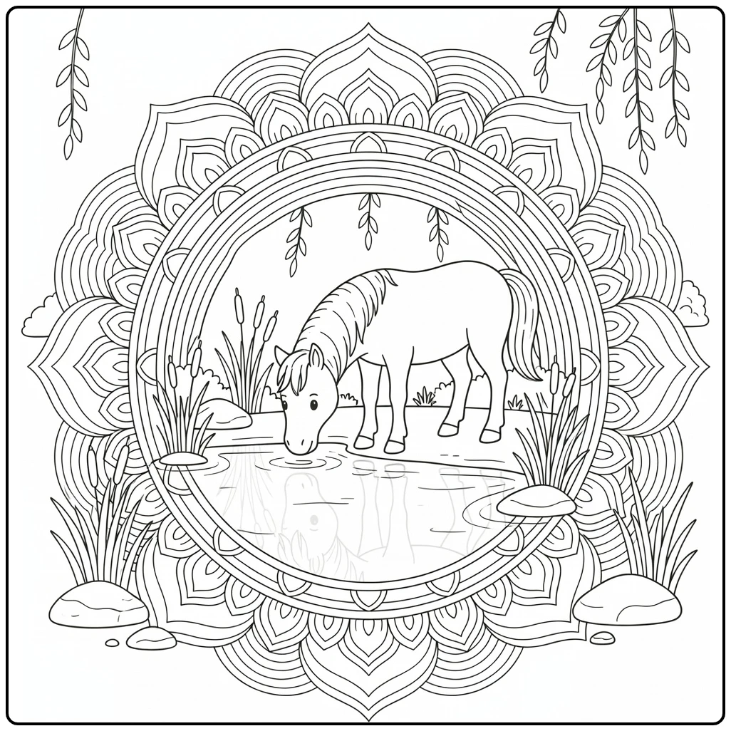 Horse mandala coloring page with horse by peaceful pond