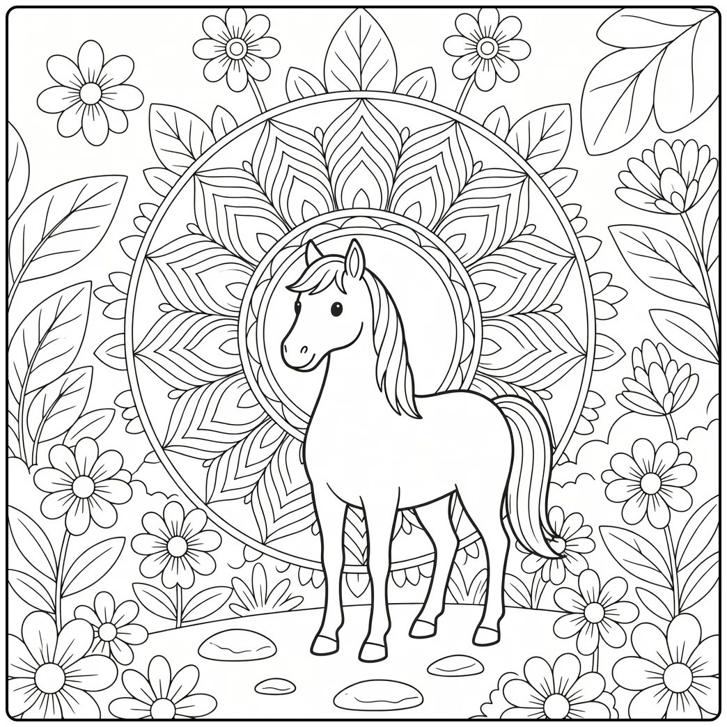 Horse mandala coloring page in a blooming garden path