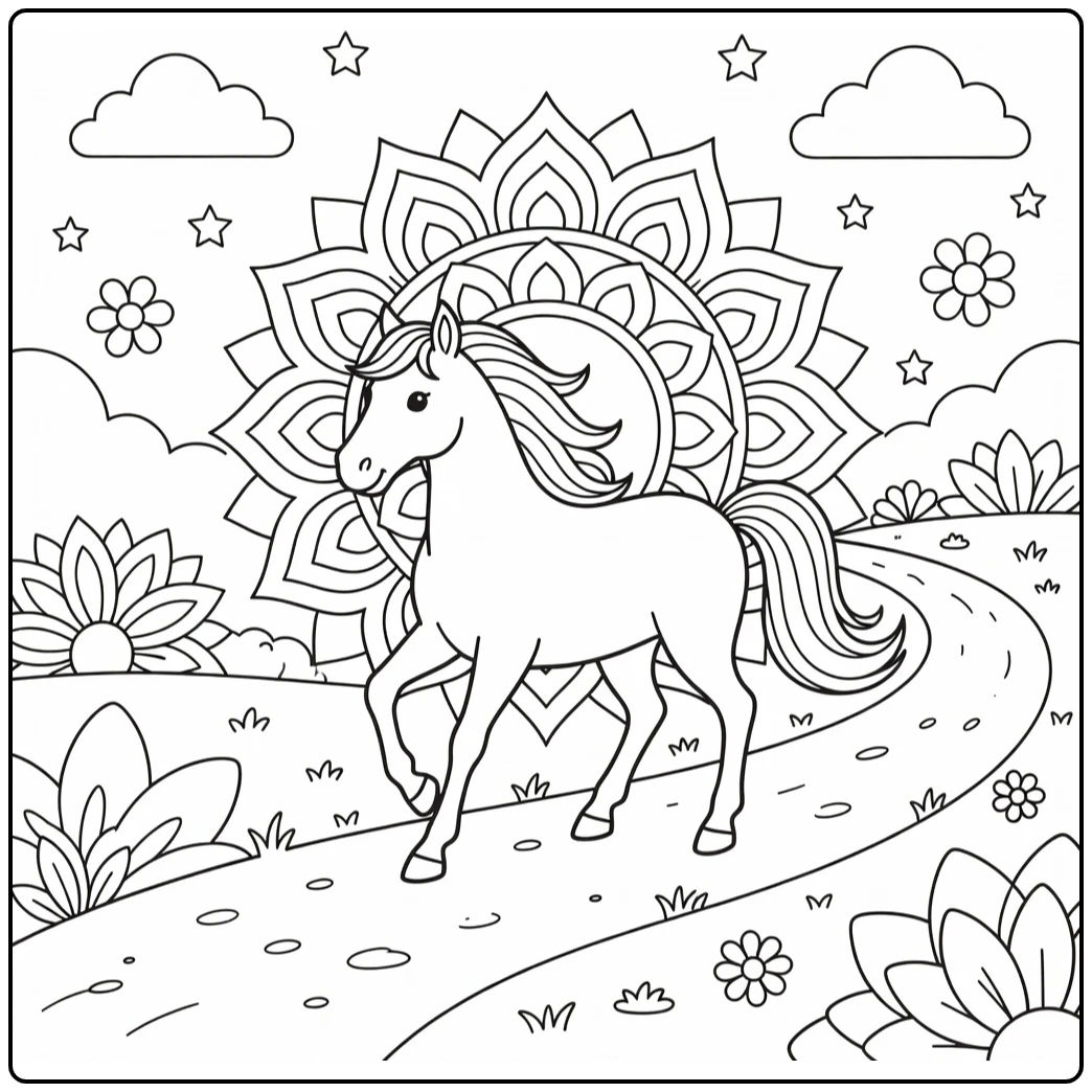 Horse mandala coloring page with meadow trail and sunburst