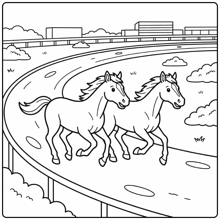 Horse racing coloring page with two neck-and-neck racehorses