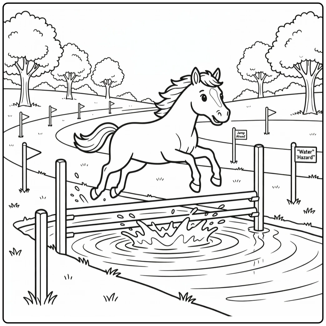 Horse racing coloring page with horse leaping over water