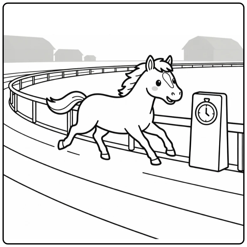 Horse racing coloring page featuring galloping racehorse