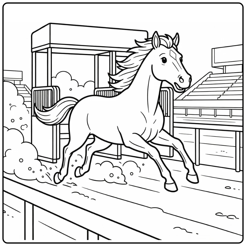 Horse racing coloring page leaping racehorse at starting gate