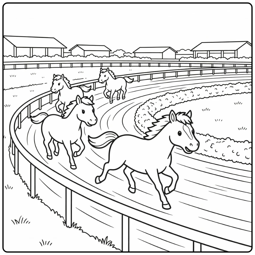 Horse racing coloring page with three racehorses on turf turn