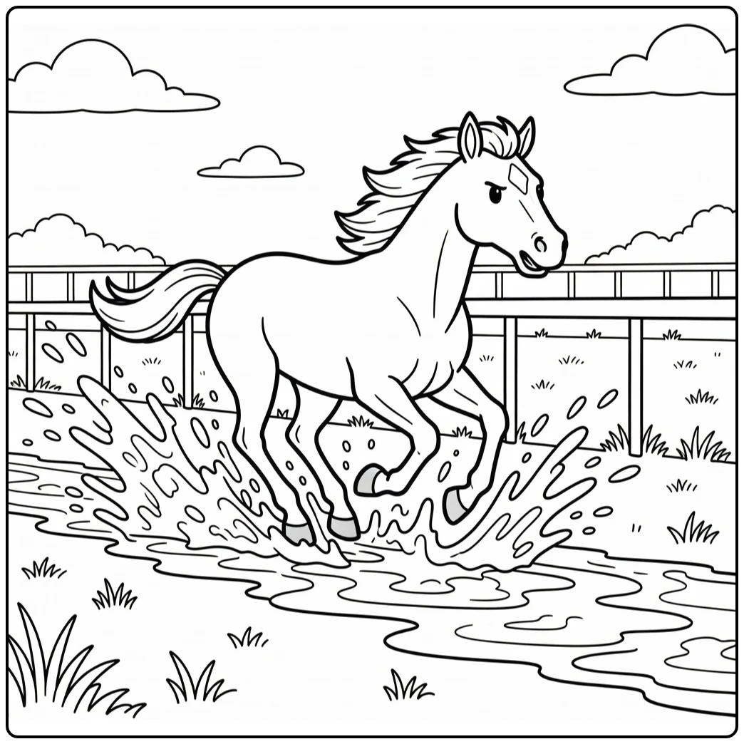 Horse Racing Coloring Page of Racehorse in Muddy Puddles