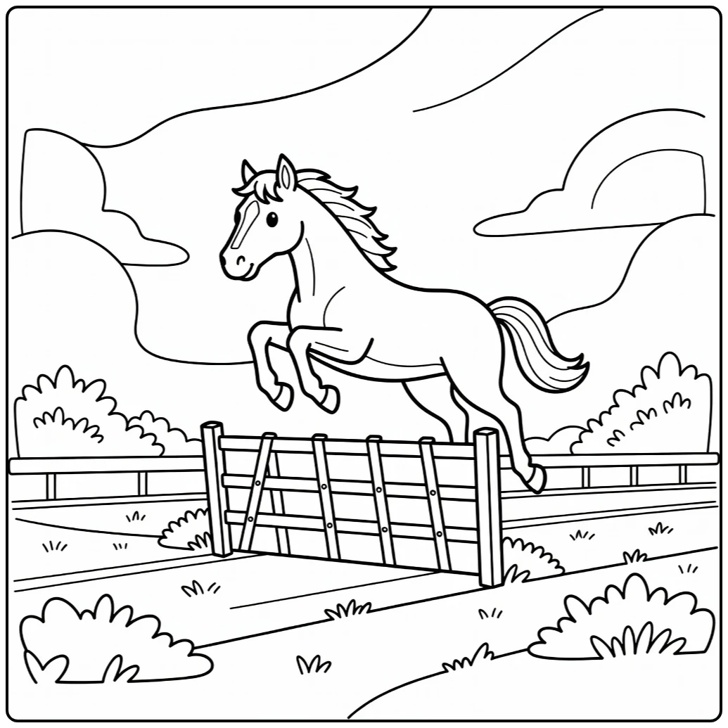 Horse racing coloring page of graceful steeplechase jump