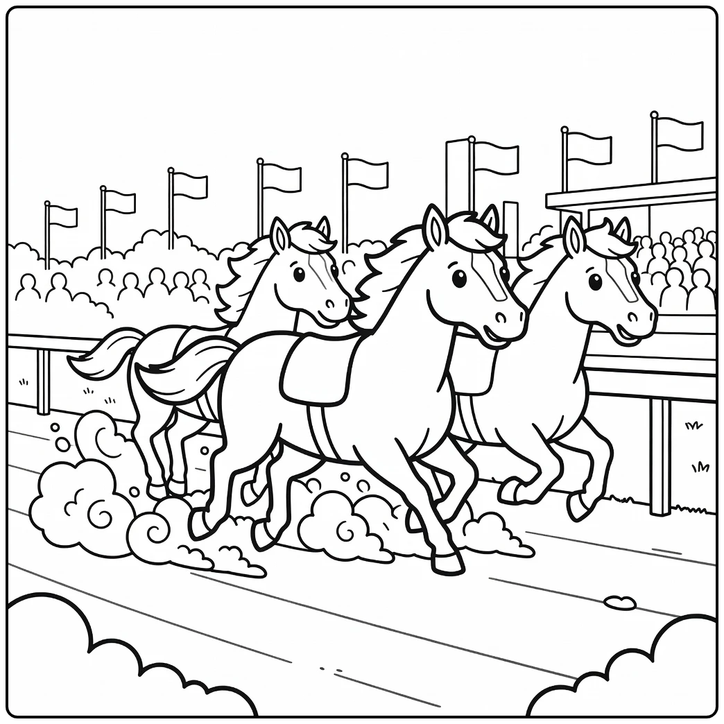 Three cute racehorses racing on horse racing coloring page