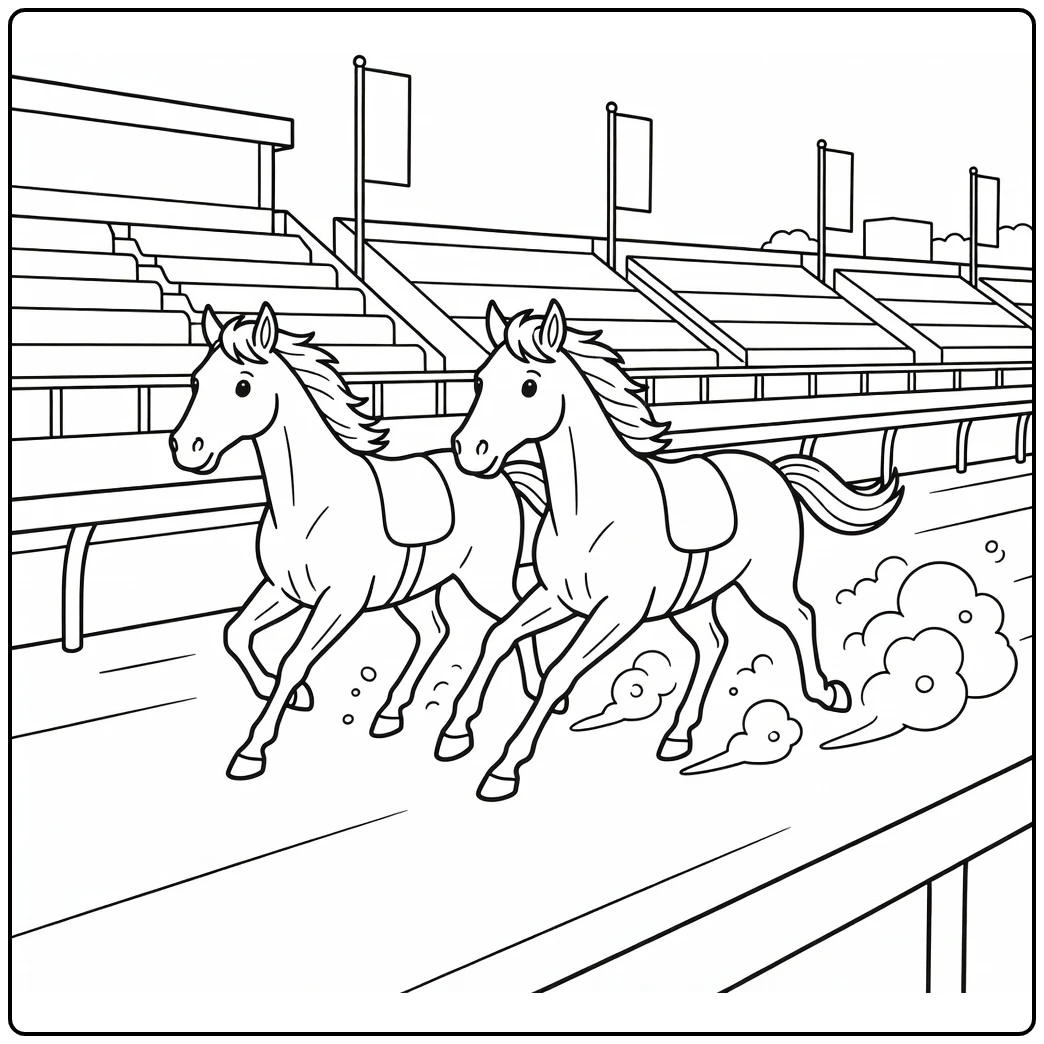 Horse racing coloring page of two horses racing side by side