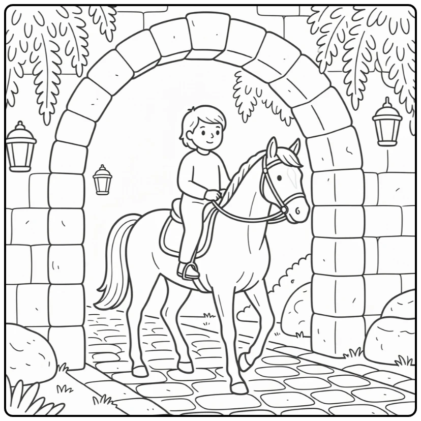 horse riding coloring page under old stone archway