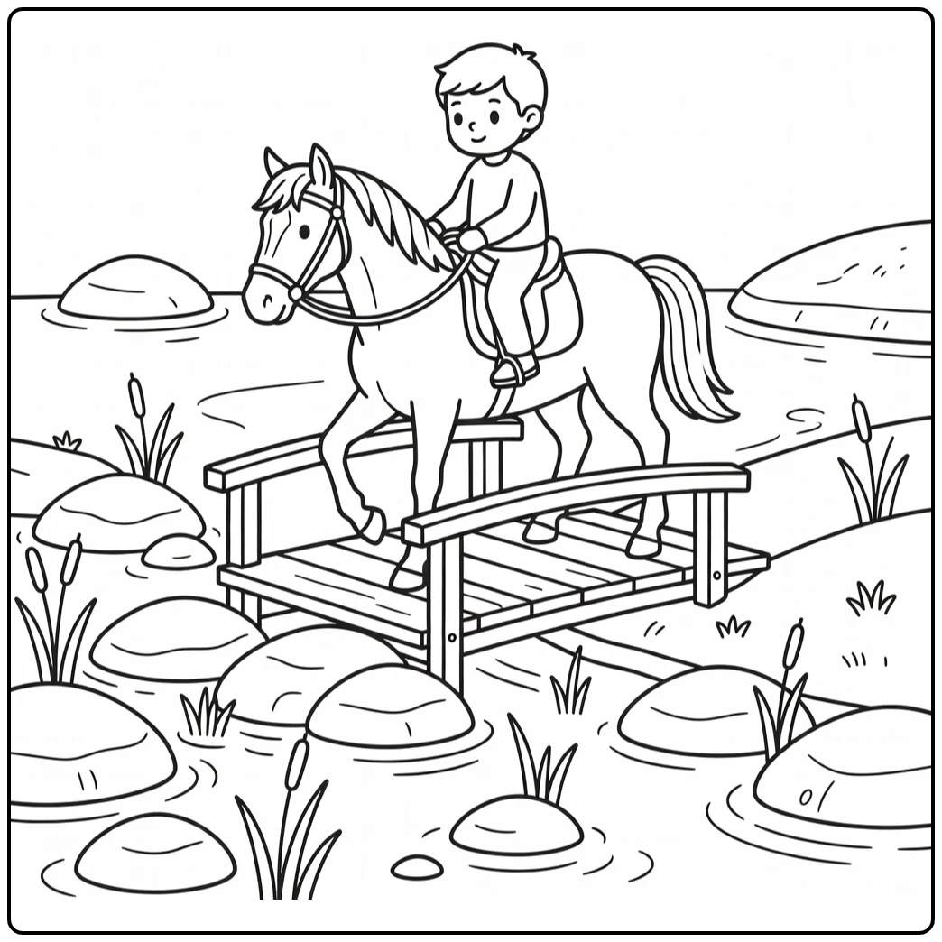 Horse Riding Coloring Page with Rider on Bridge